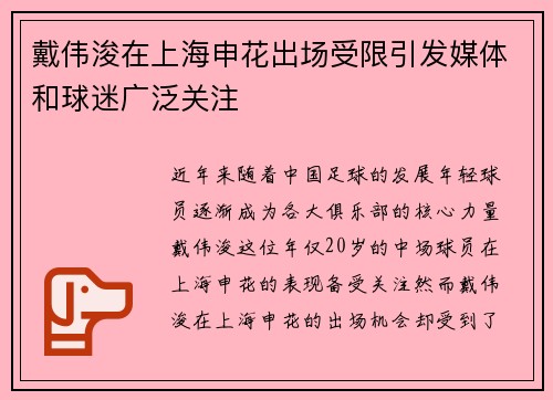 戴伟浚在上海申花出场受限引发媒体和球迷广泛关注
